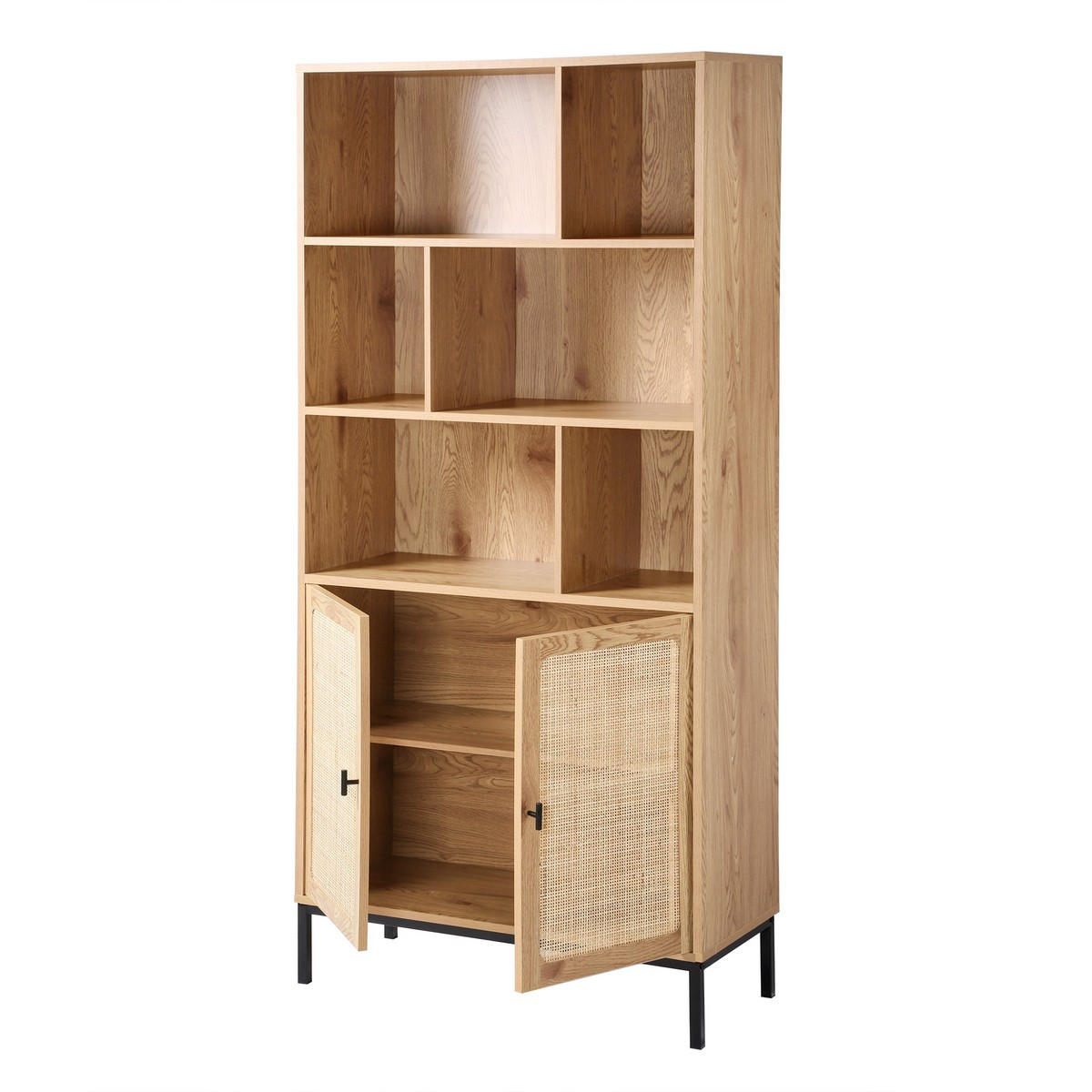 BÜCHERREGAL mit Aufbewahrung 2 Türen aus natürlichem Rattan H175cm - JAYA - Apfelbaumfarben, Holzwerkstoff (35/175/80cm) - Calicosy
