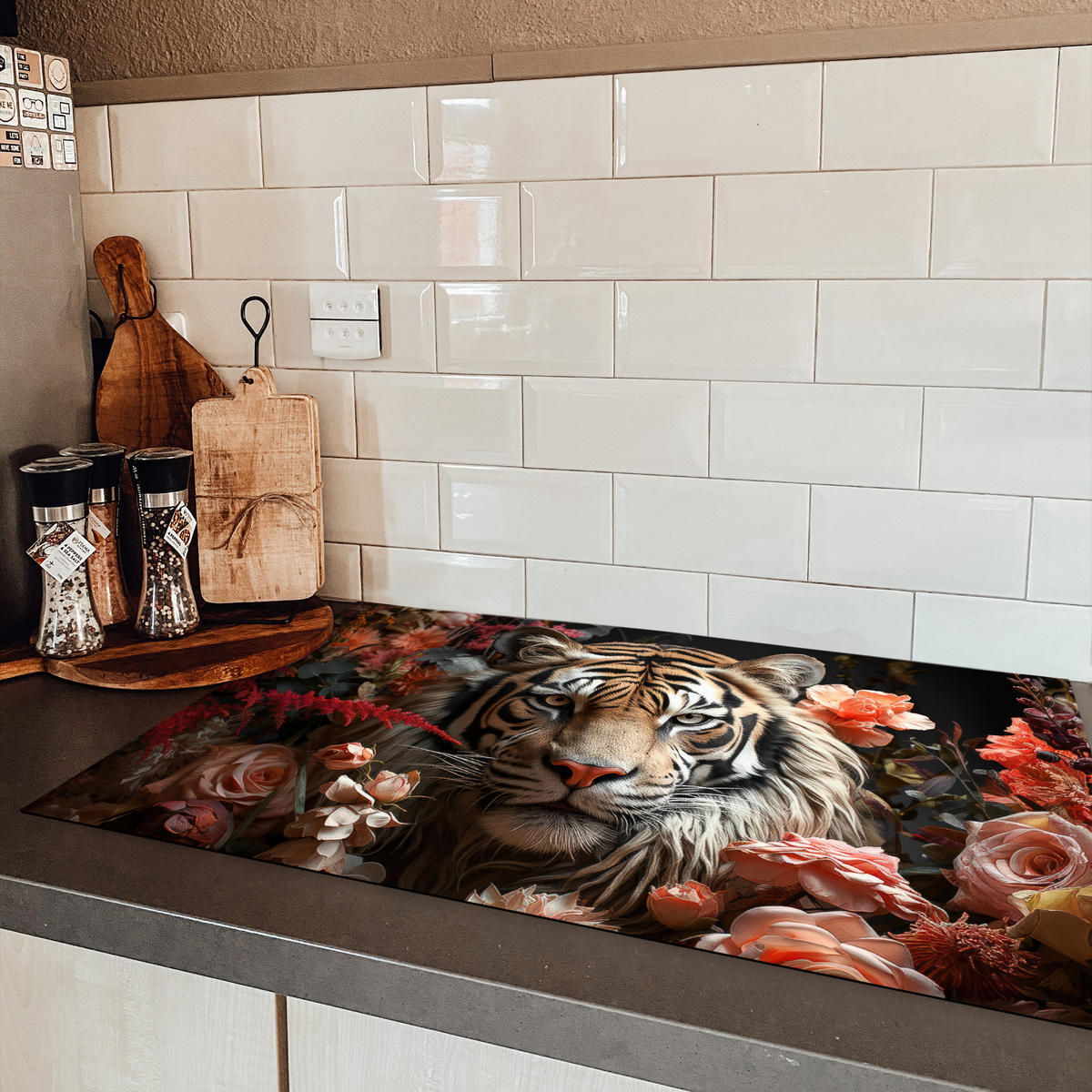 HERDABDECKPLATTE Tiger - Tier - Natur - Floral - Botanisch Ceranfeldabdeckung 85x52 cm - Orange, Kunststoff (85/52/0.2cm) - MuchoWow