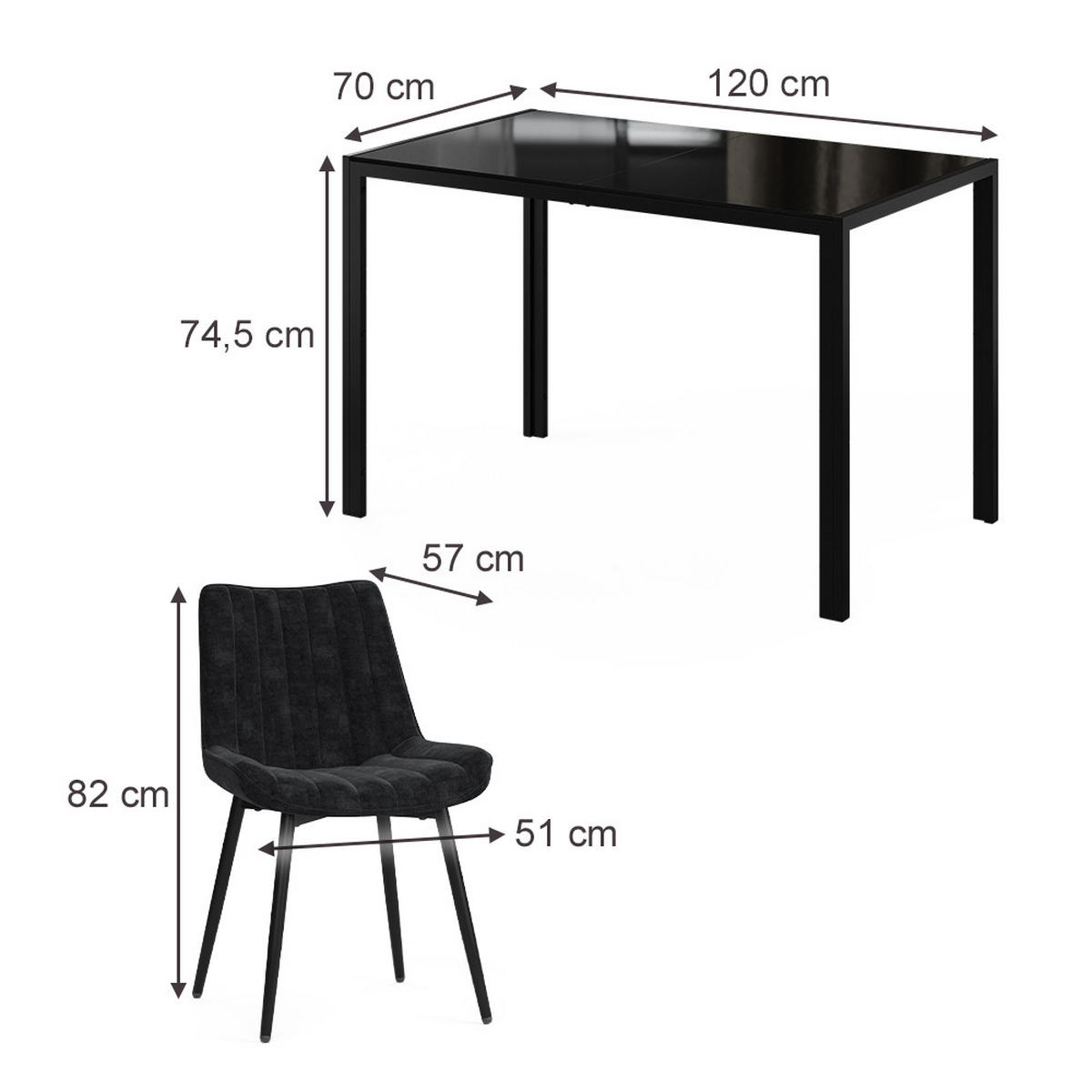 JÍDELNÍ STŮL SESTAVA Grand, Černá, 120 x 70 cm se 4 židlemi (černé) - černá, sklo (120/74.5/70cm) - Vicco