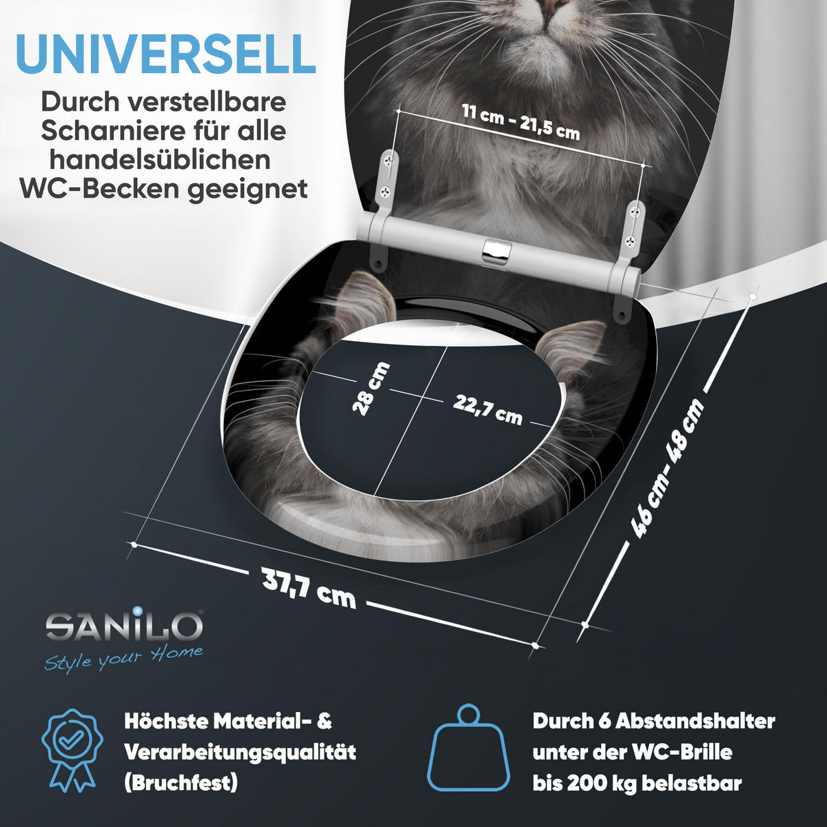 WC-SITZ mit Absenkautomatik & Top Fix Cool Cat - Schwarz, Holzwerkstoff (37.7/5.5/48cm) - Sanilo