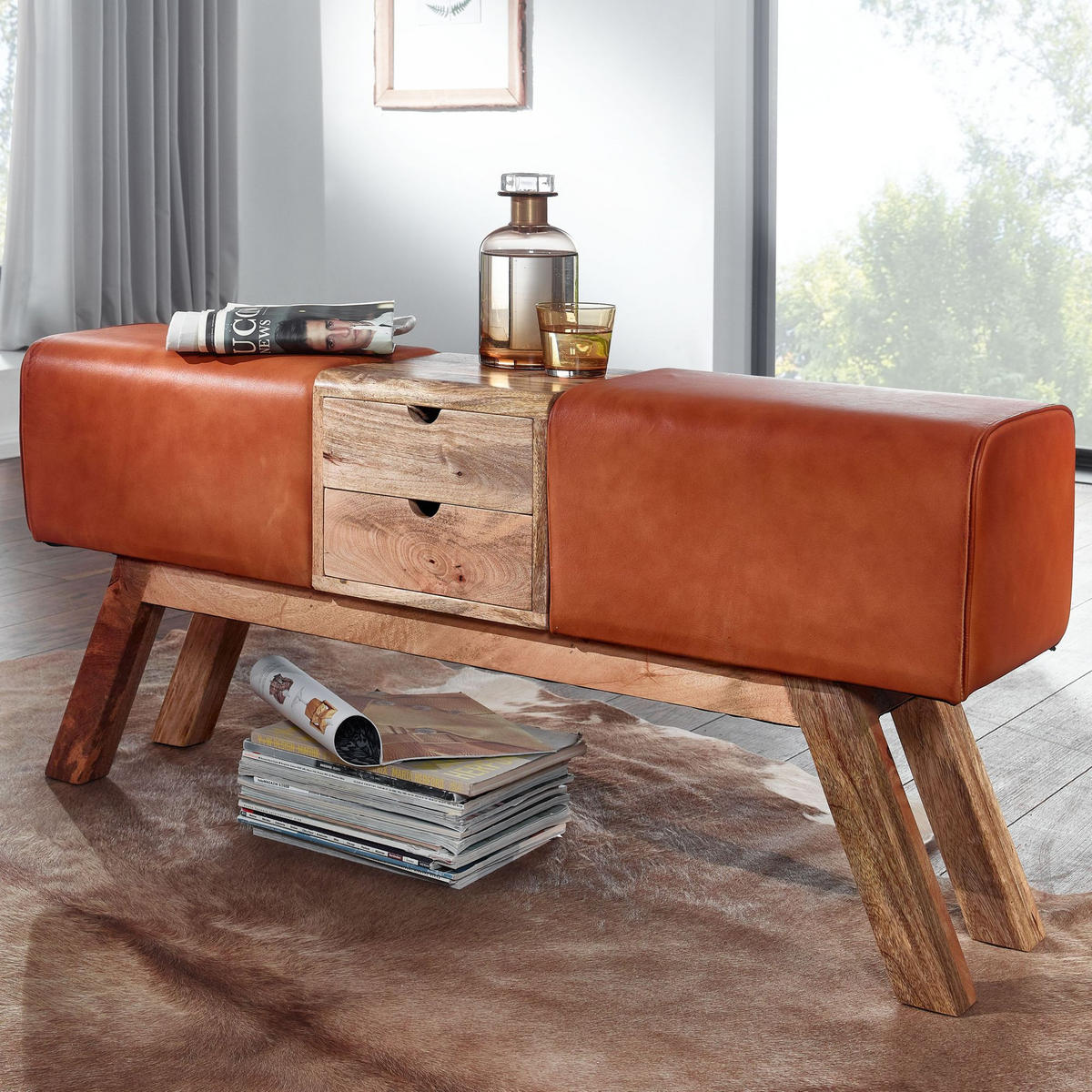 SITZBANK Massivholz Stoffbezug mit 2 Schubladen, Braun 120x30x56 cm - Braun, Mangoholz/Leder (120/56/30cm) - KADIMA DESIGN