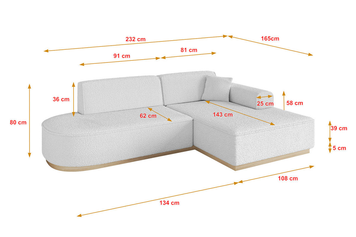 ECKSOFA Ottomane Rechts IREA-L1 - 232x165x80 cm Weiß - Weiß, Holzwerkstoff/Textil (232/165cm) - ALTDECOR