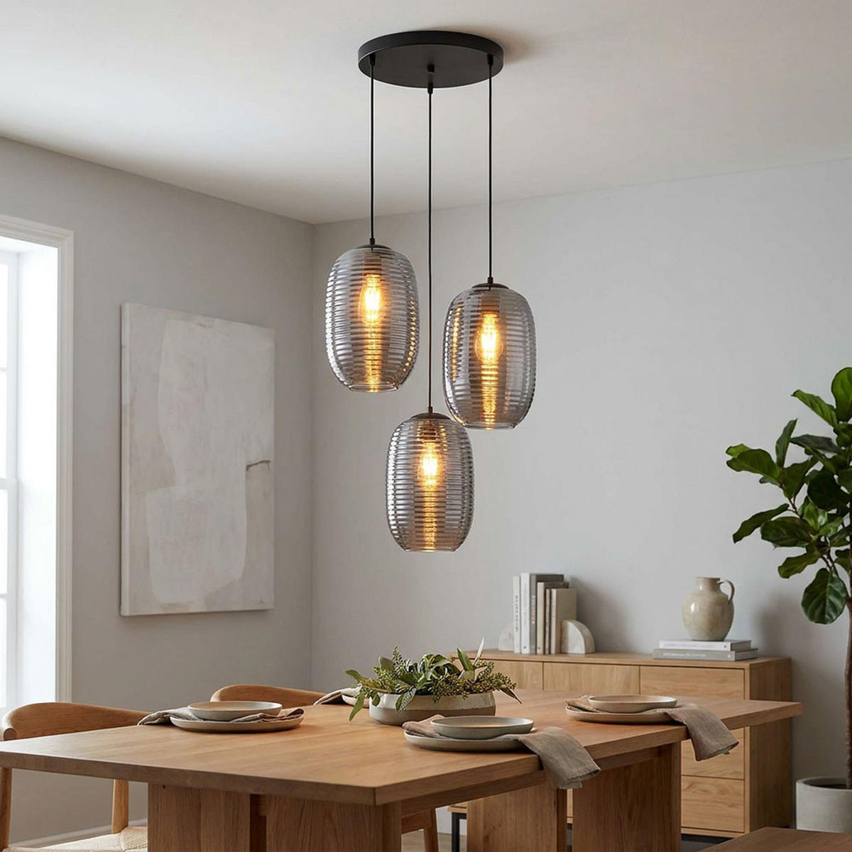 LED HÄNGELEUCHTE JEFREY Metall, Grau, Glas, 3-flammig - Grau, Glas (47/47/120cm) - Globo Lighting