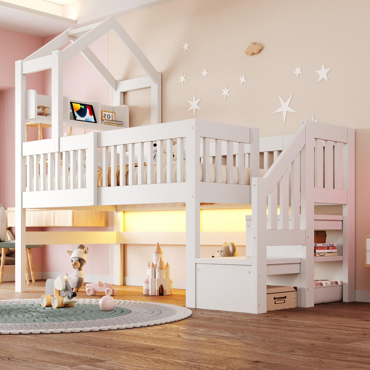 KINDER-HOCHBETT 90 x 200 cm mit Dach, USB und LED, Weiß - Weiß, Holz (90/200cm) - FLIEKS