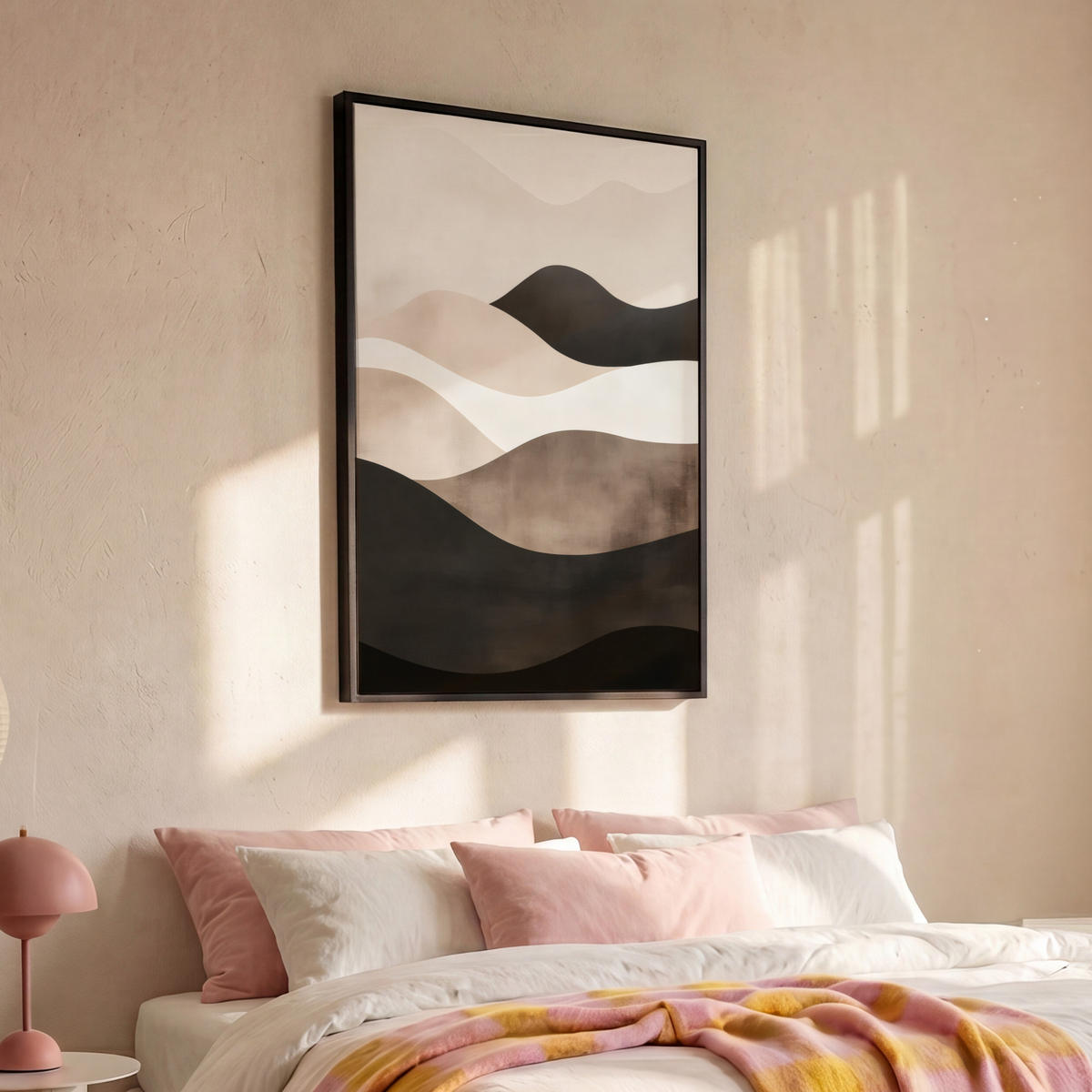 LEINWAND Bilder mit Rahmen - Abstrakt - Landschaft - Wellen - Cremefarben - 100x150 - Cappuccino, Textil (100/150cm) - MuchoWow