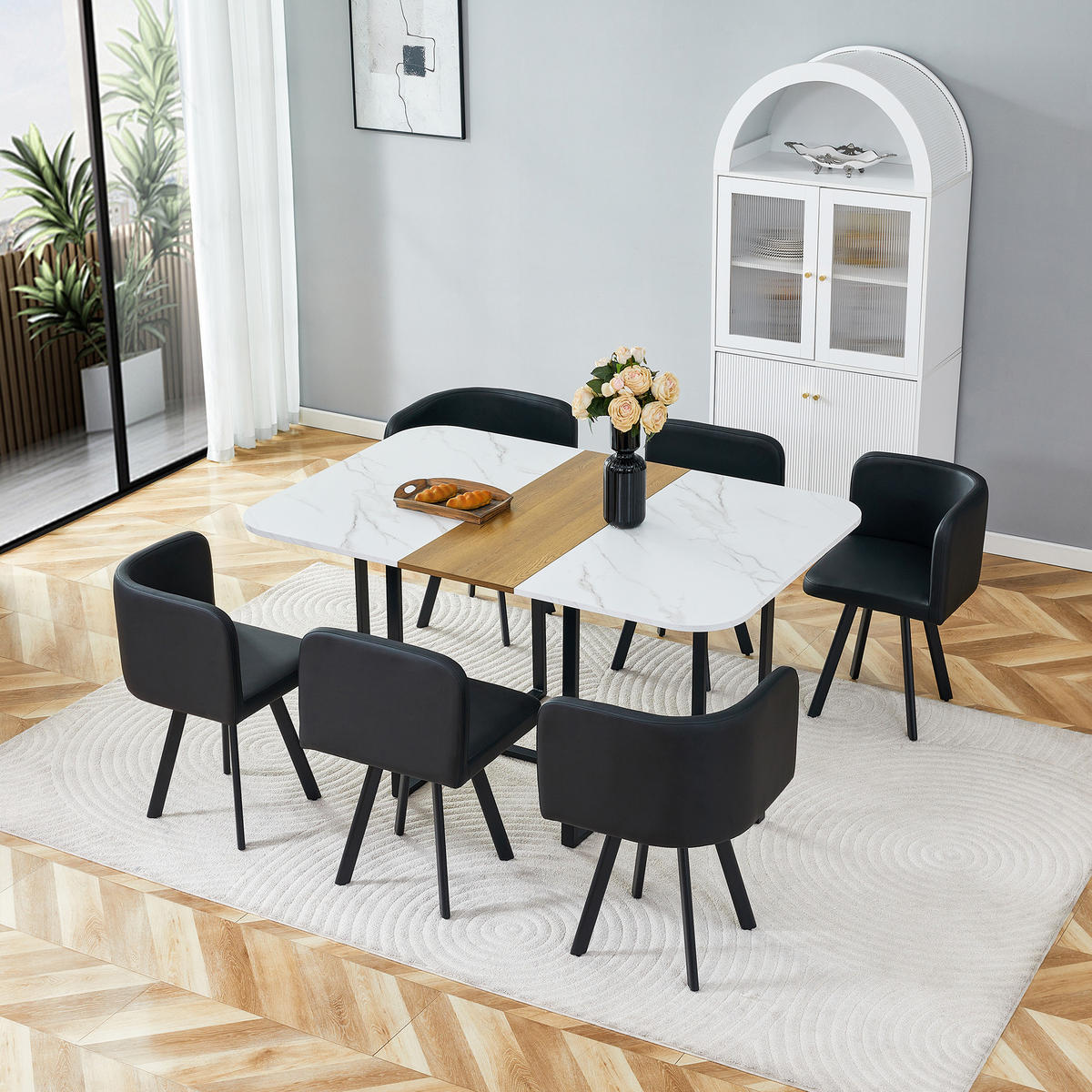 ESSGRUPPE DE-39527 7-teilig, mit 6 Stühlen und PU-Polsterung Holzoptik/Weiß - Weiß, Holzwerkstoff (150/79/100cm) - ComfortXL