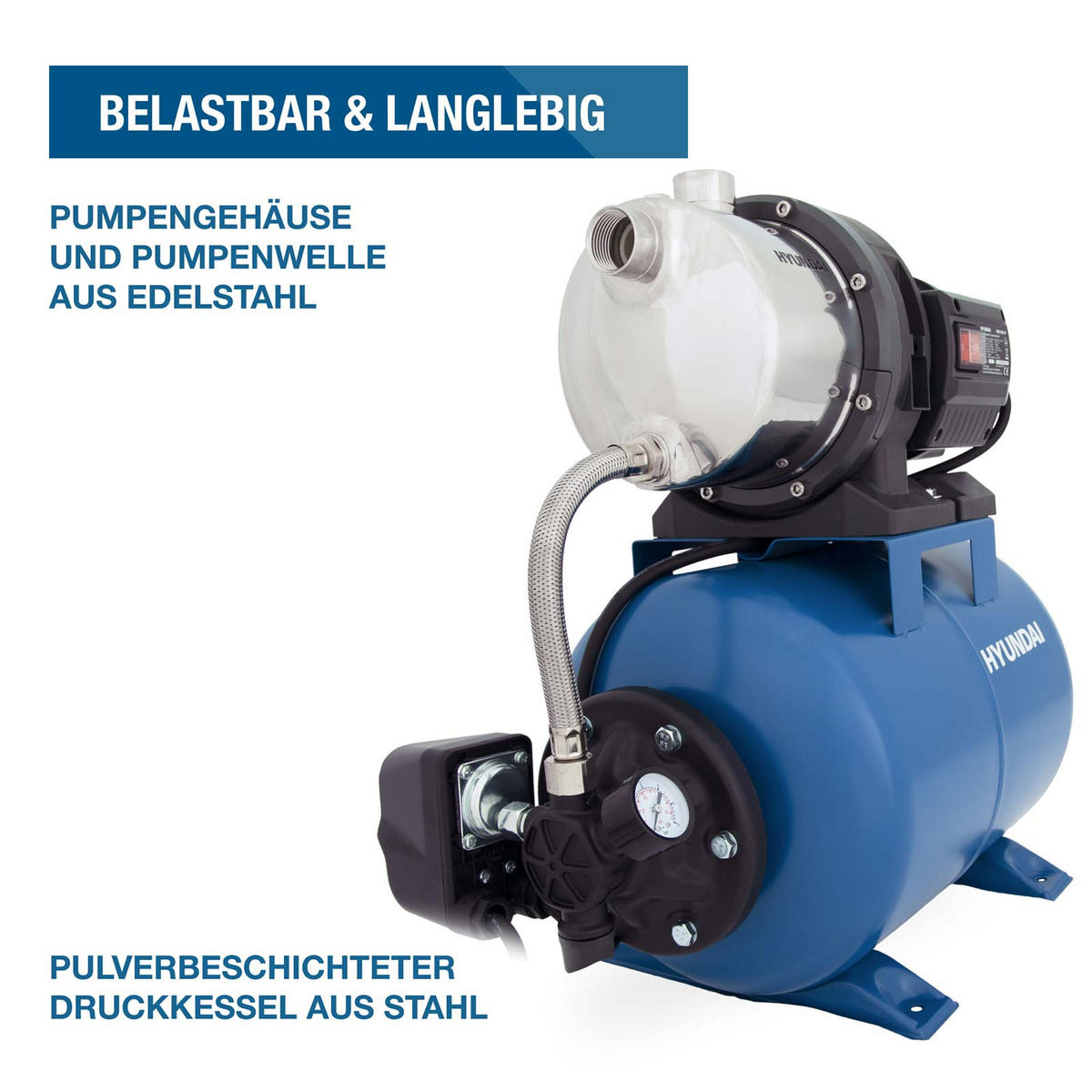 HAUSWASSERWERK HWW12050-ST (1200W, STAHL-Kessel, 5.000 l/h, Förderhöhe max. 50m, Ansaughöhe max. 8m) - Blau, Metall (27.5/51.4/48.1cm) - HYUNDAI