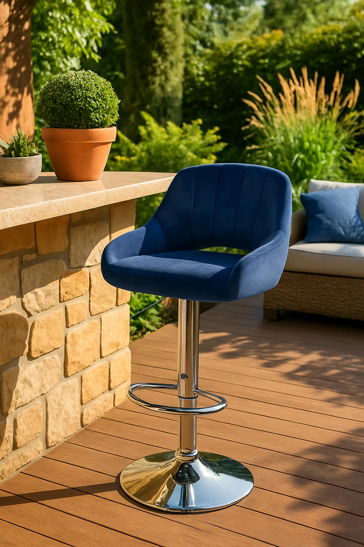 BARHOCKER 2er Set Milos Samt C blau - Blau/Chromfarben, Textil/Metall (47/106/48cm) - TPFLiving
