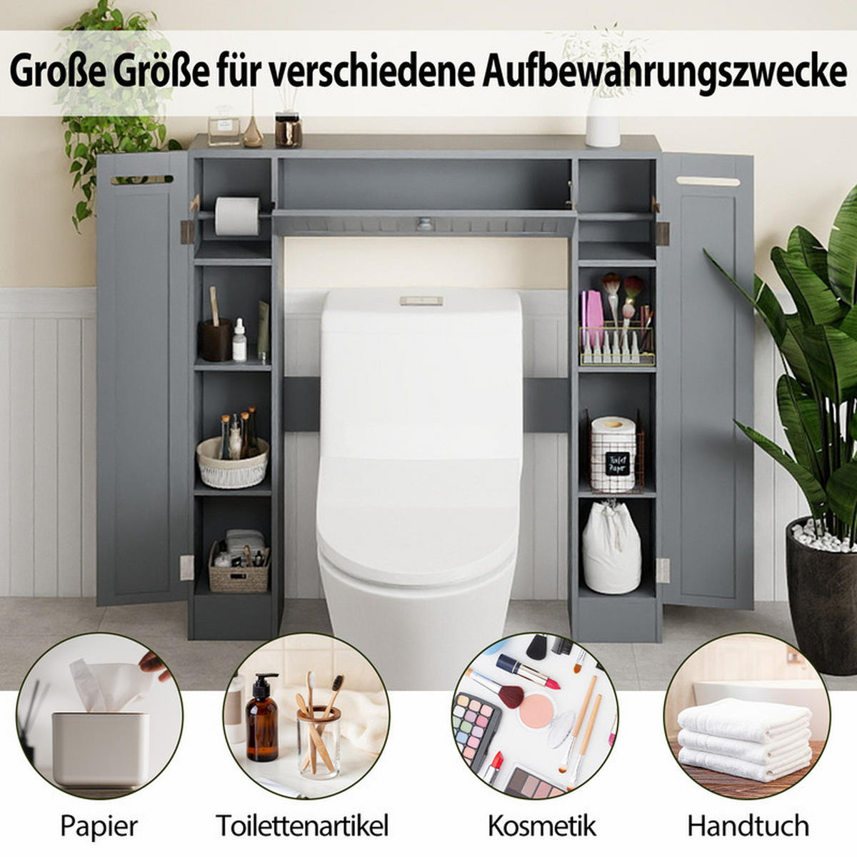 TOILETTENSCHRANK mit Toilettenpapierhalter grau - Grau, Holzwerkstoff (89/99/19.5cm) - COSTWAY