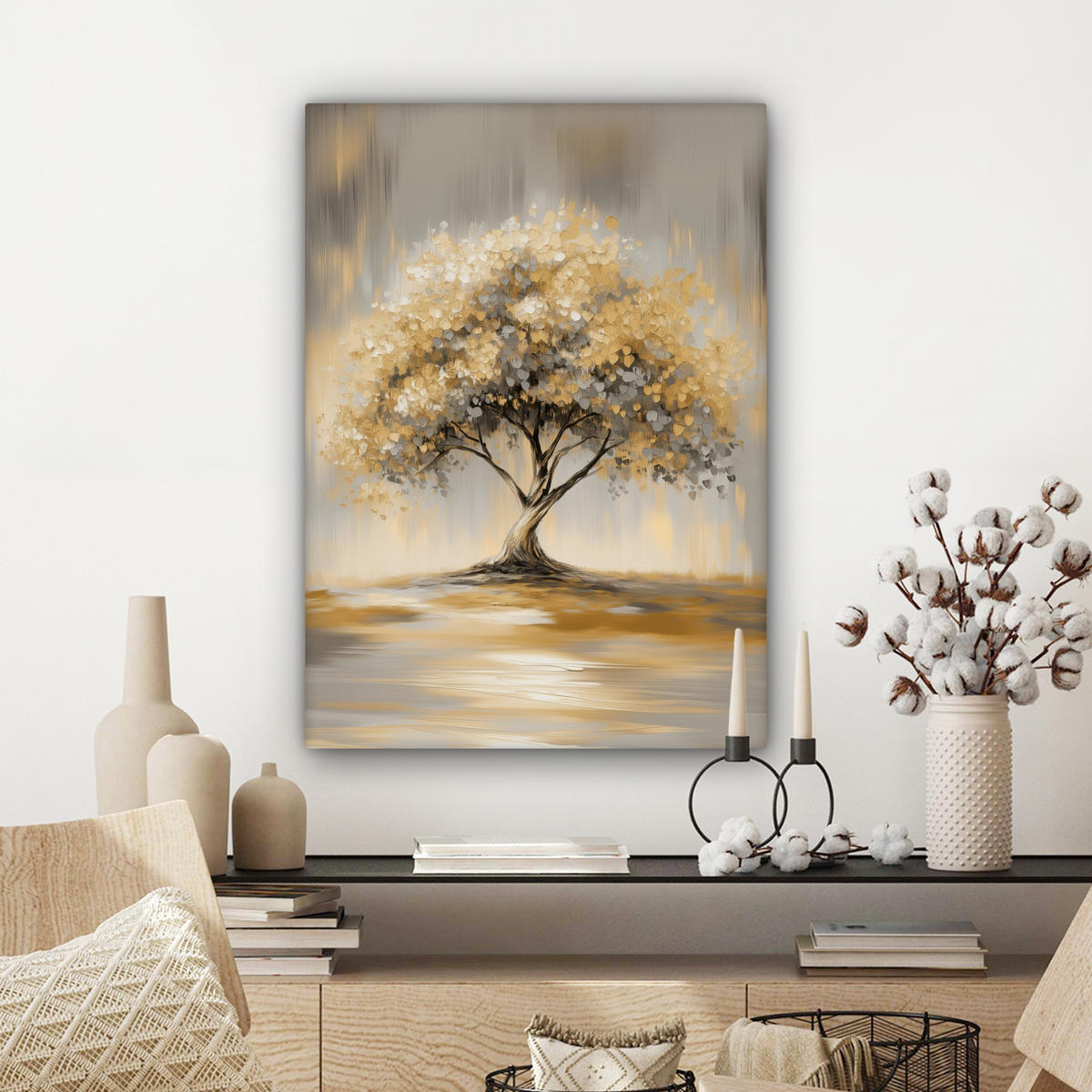 LEINWANDBILD Gemälde - Baum - Abstrakt - Blätter Wandbild Wohnzimmer 60x80 cm - Beige, Textil (60/80cm) - MuchoWow