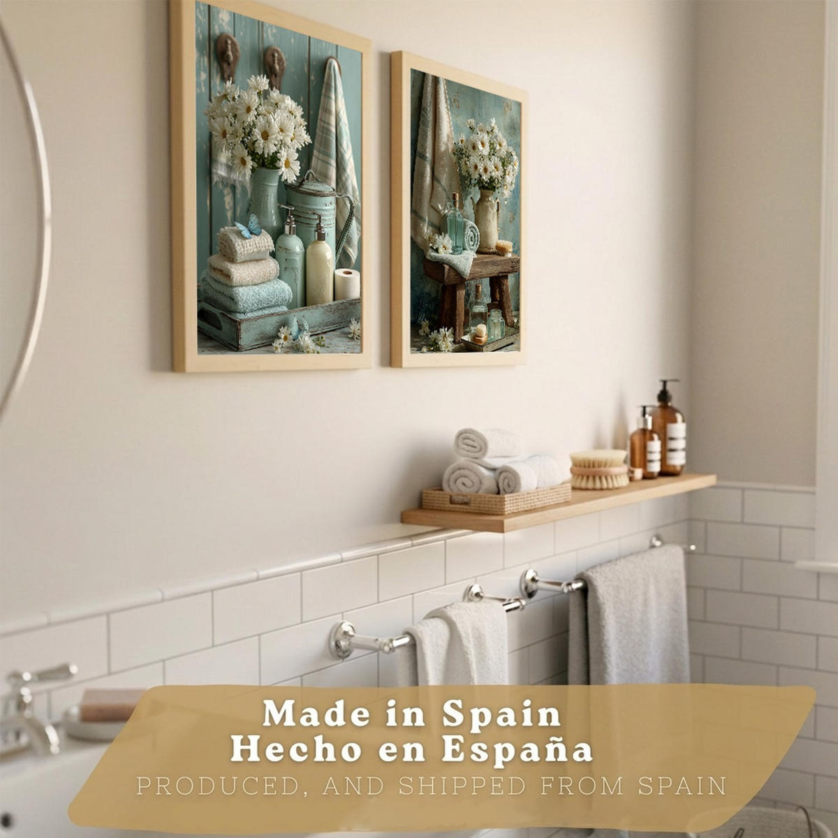 PLAKÁT Sada 2 dekorativních koupelnových tisků, květinové v shabby chic Bezrámové A4 - čirá, papír (29.7/21/3cm) - Nacnic