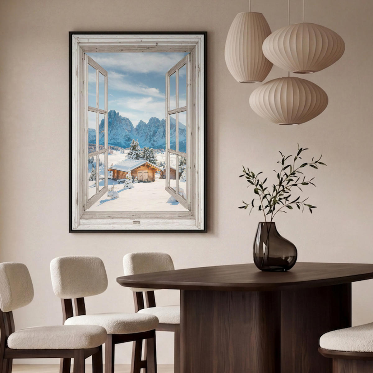 LEINWAND Bilder mit Rahmen - Winterlandschaft - Hütte - Berge - Ausblicke - Aussicht - Natur - 80x120 - Weiß Hochglanz, Textil (80/120cm) - MuchoWow