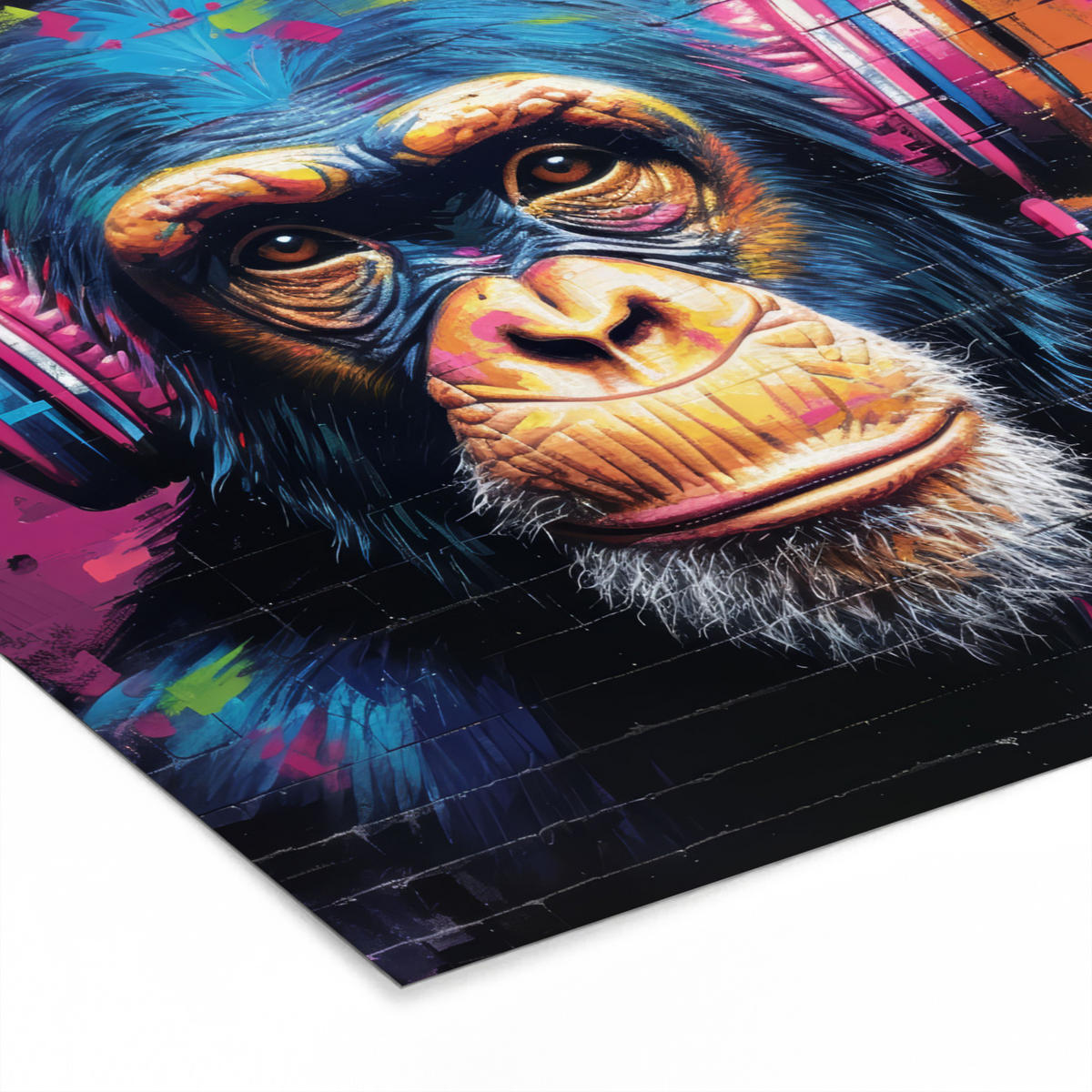 POSTER MIT RAHMEN Graffiti - Schimpanse - Straßenkunst - Kopfhörer - Affe 40x40 cm - Blau, Papier (40/40cm) - MuchoWow