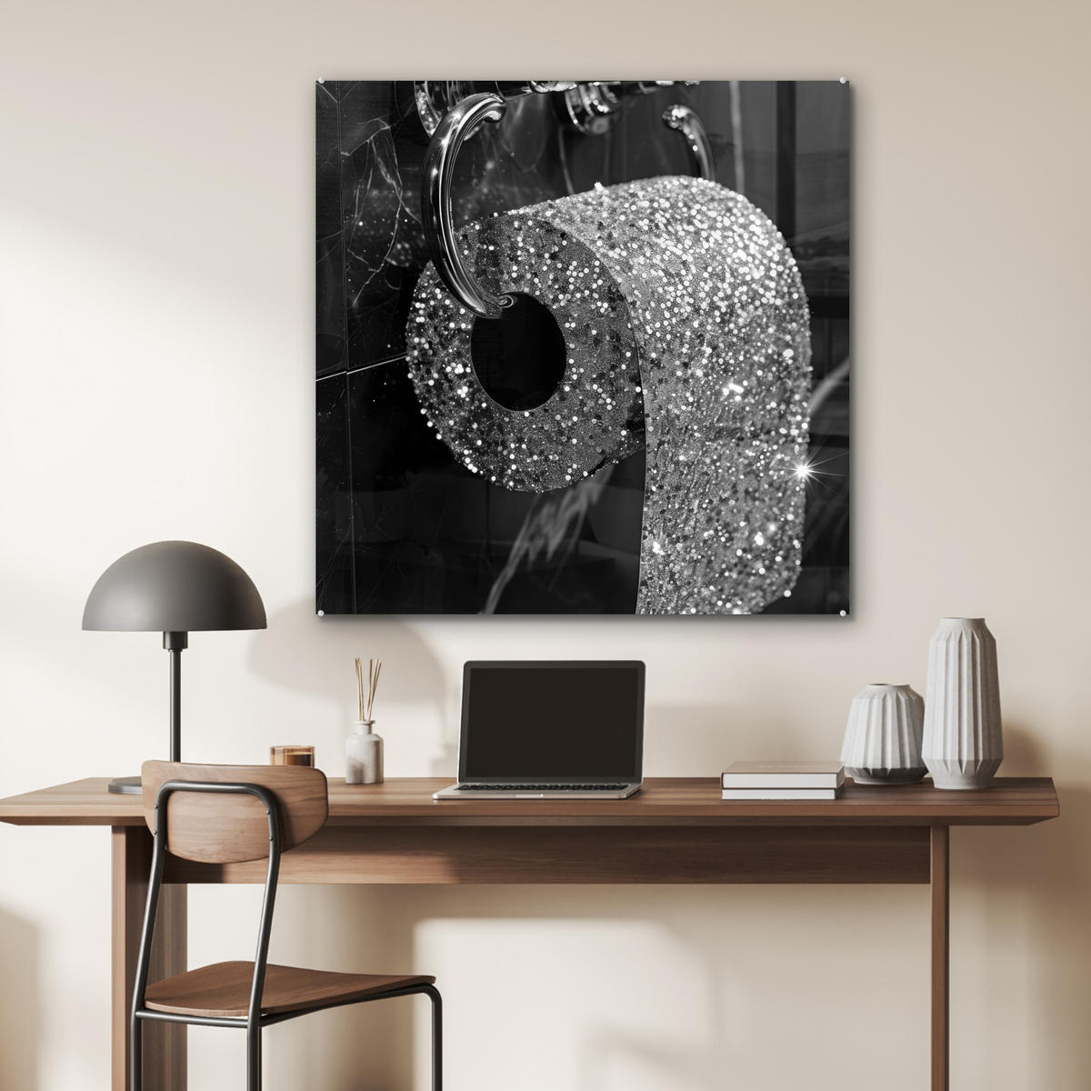 ACRYLGLASBILD WC - Toilettenpapier - Schwarz und weiß - Glitter 90x90 cm - Silberfarben, Glas (90/90cm) - MuchoWow