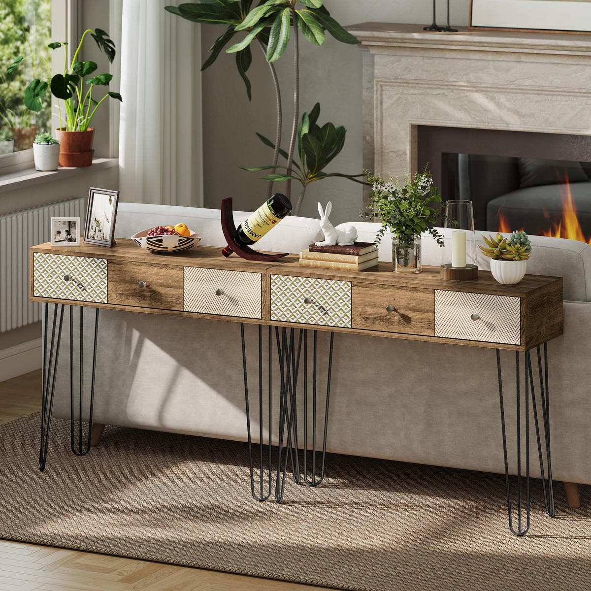 KONSOLENTISCH DE-16776 3 Schubladen, Haarspangenbeine, 90 cm Braun - Braun, Holzwerkstoff (90/30/75cm) - ComfortXL