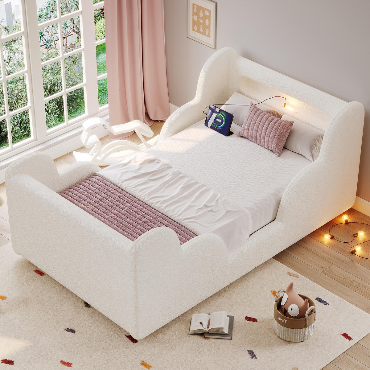 KINDERBETT Beige Bouclé 90x200 Schutzgeländer Massivholz - Beige, Leder (90/200cm) - FLIEKS
