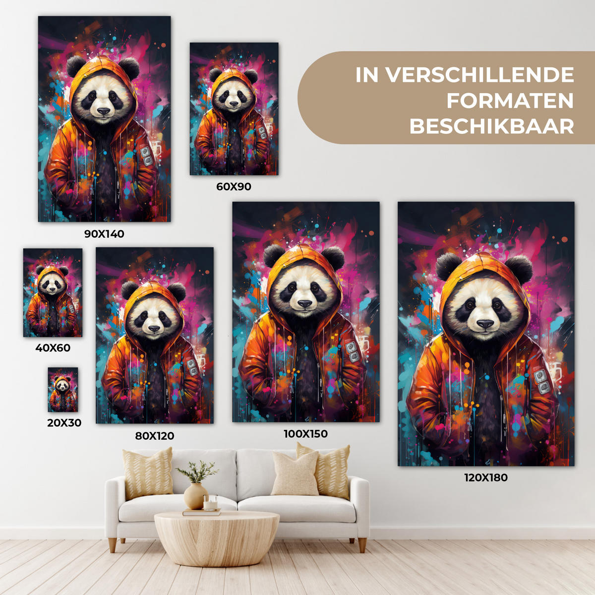 LEINWANDBILD Panda - Jacke - Graffiti - Orange Deko Wohnzimmer 20x30 cm - Orange, Textil (20/30cm) - MuchoWow