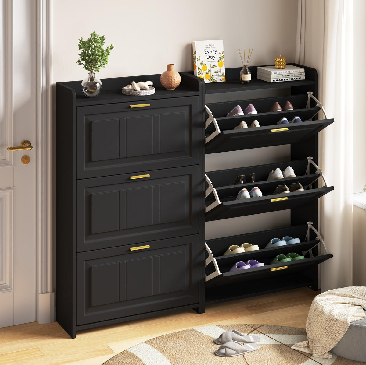 SCHUHSCHRANK 70/24/120 cm im 2er-Set mit Klapptüren und verstecktem Stauraum, Schwarz - Schwarz, Holzwerkstoff (70/120/24cm) - Redom
