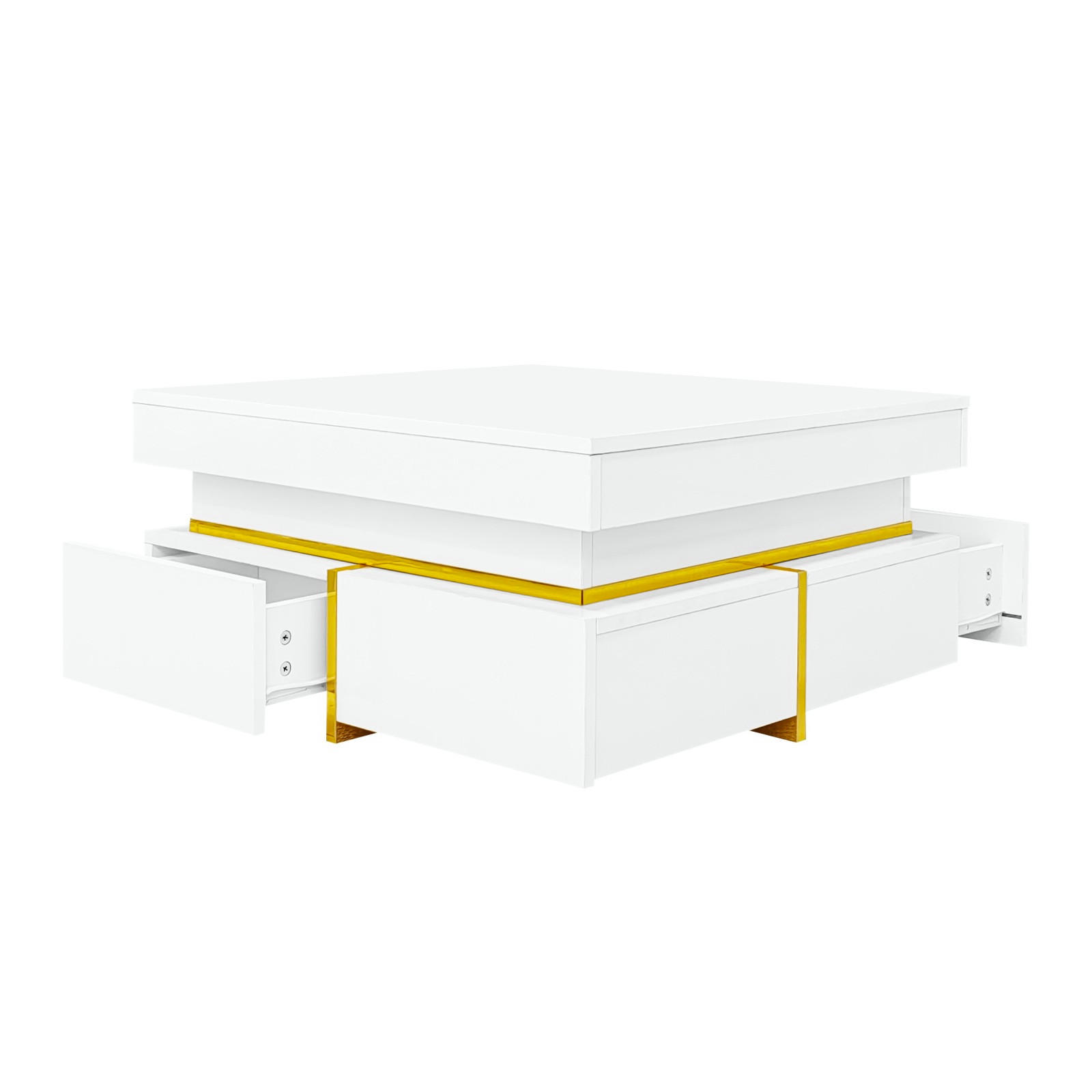 COUCHTISCH Hochglanz Goldakzent Schubladen - Weiß, Holzwerkstoff (70/70/35.5cm) - Fortuna Lai