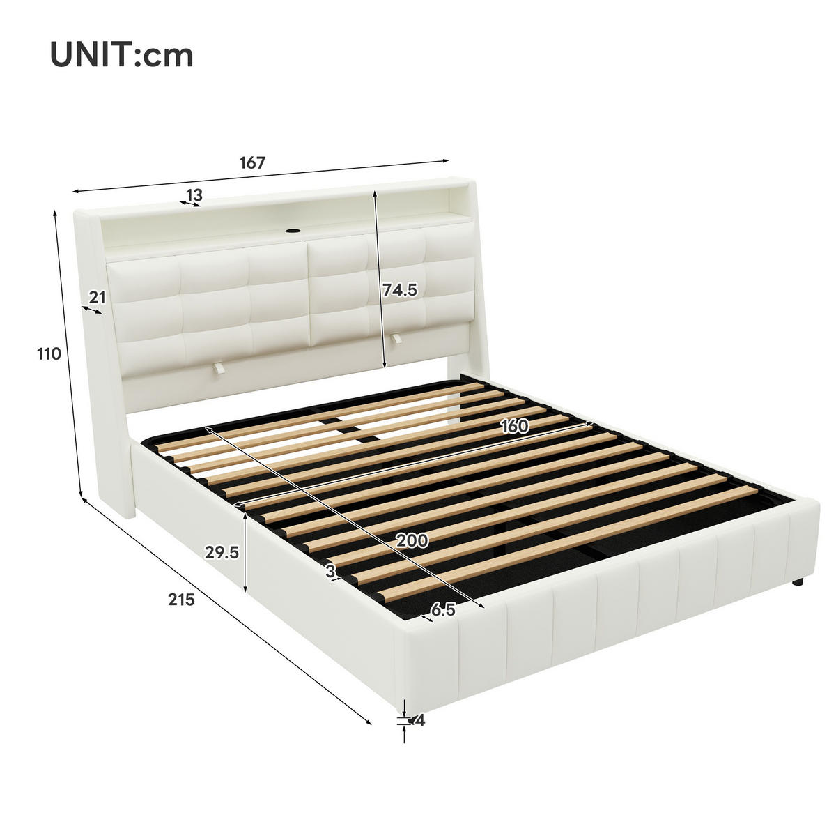 POLSTERBETT 160/200 cm mit LED-Beleuchtung, USB und gepolstertem Kopfteil - Weiß, Textil (160/200cm) - BEAOK