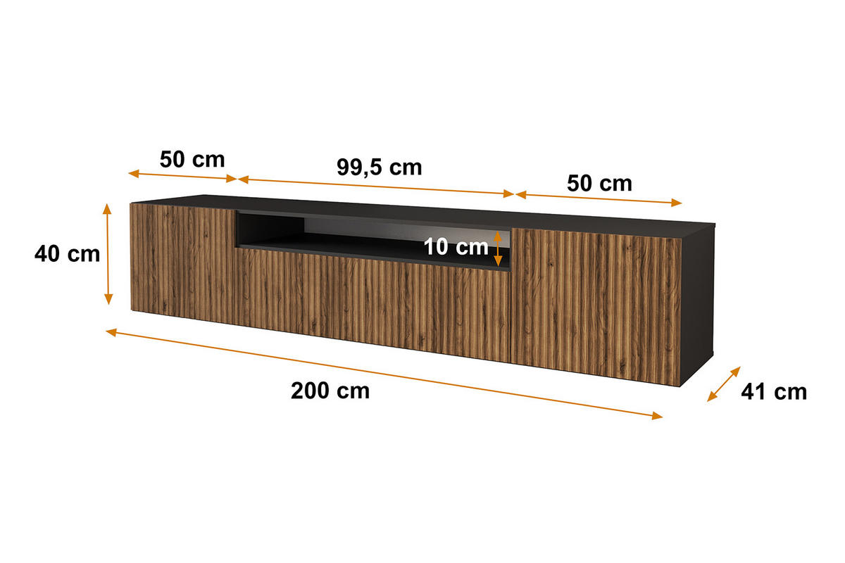 LOWBOARD NOA-2-W 200x40x41 cm - Schwarz / Katania - Eiche Wotan, Holzwerkstoff (200/40/41cm) - ALTDECOR