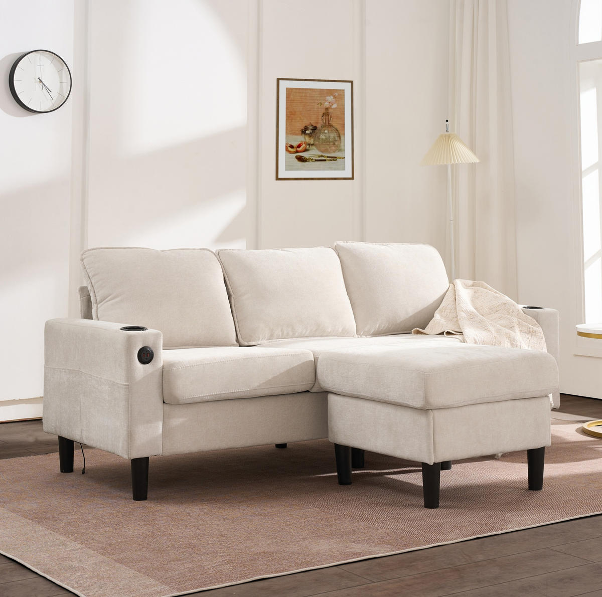 SOFA mit Hocker und USB 202 x 137 cm Leinen Beige - Beige, Textil (202/137cm) - IVMEU