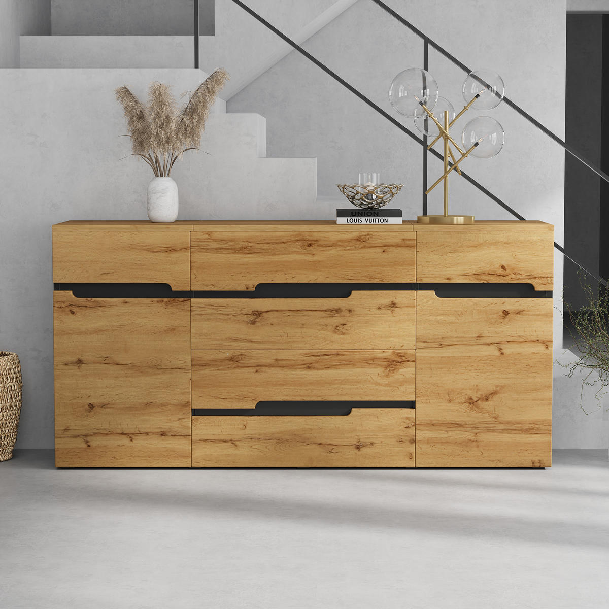 SIDEBOARD 160cm 2 Türen 4 Schubladen Holz Schwarz grifflos modern - Schwarz, Holzwerkstoff (40/80/160cm) - FLIEKS