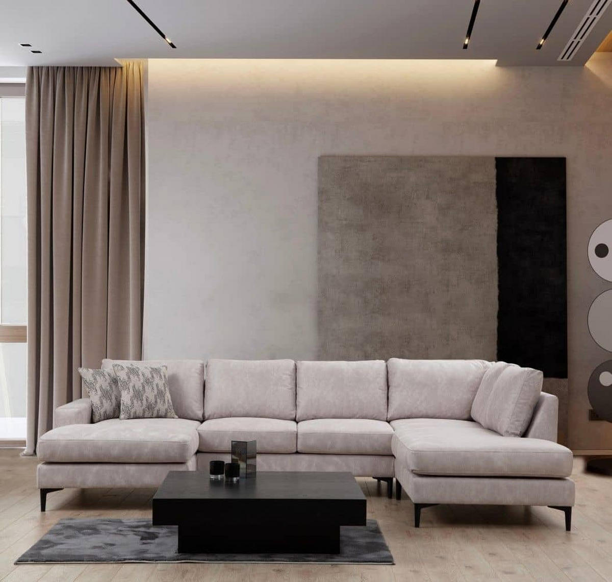 WOHNLANDSCHAFT mit großzügiger Sitzfläche für die ganze Familie - Beige/Schwarz, Holzwerkstoff/Kunststoff (200/90/314cm) - myHomelando