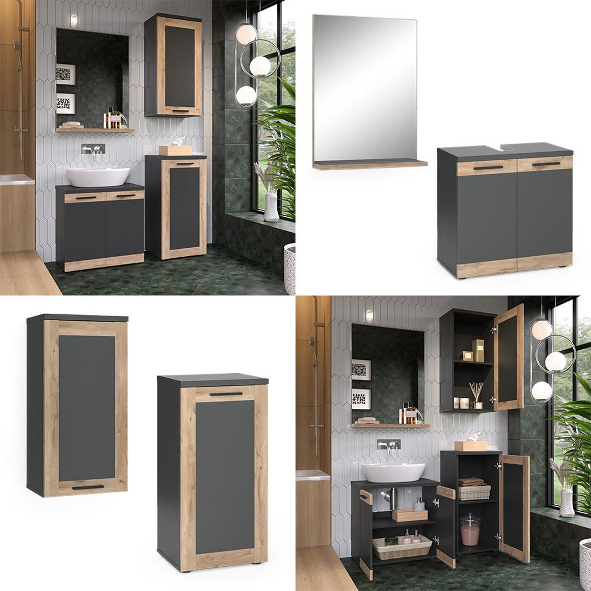 BADMÖBEL-SET Niko Anthrazit mit Midi, und Hängeschrank - Eichefarben/Anthrazit, Holzwerkstoff (60/59.1/34.3cm) - Vicco