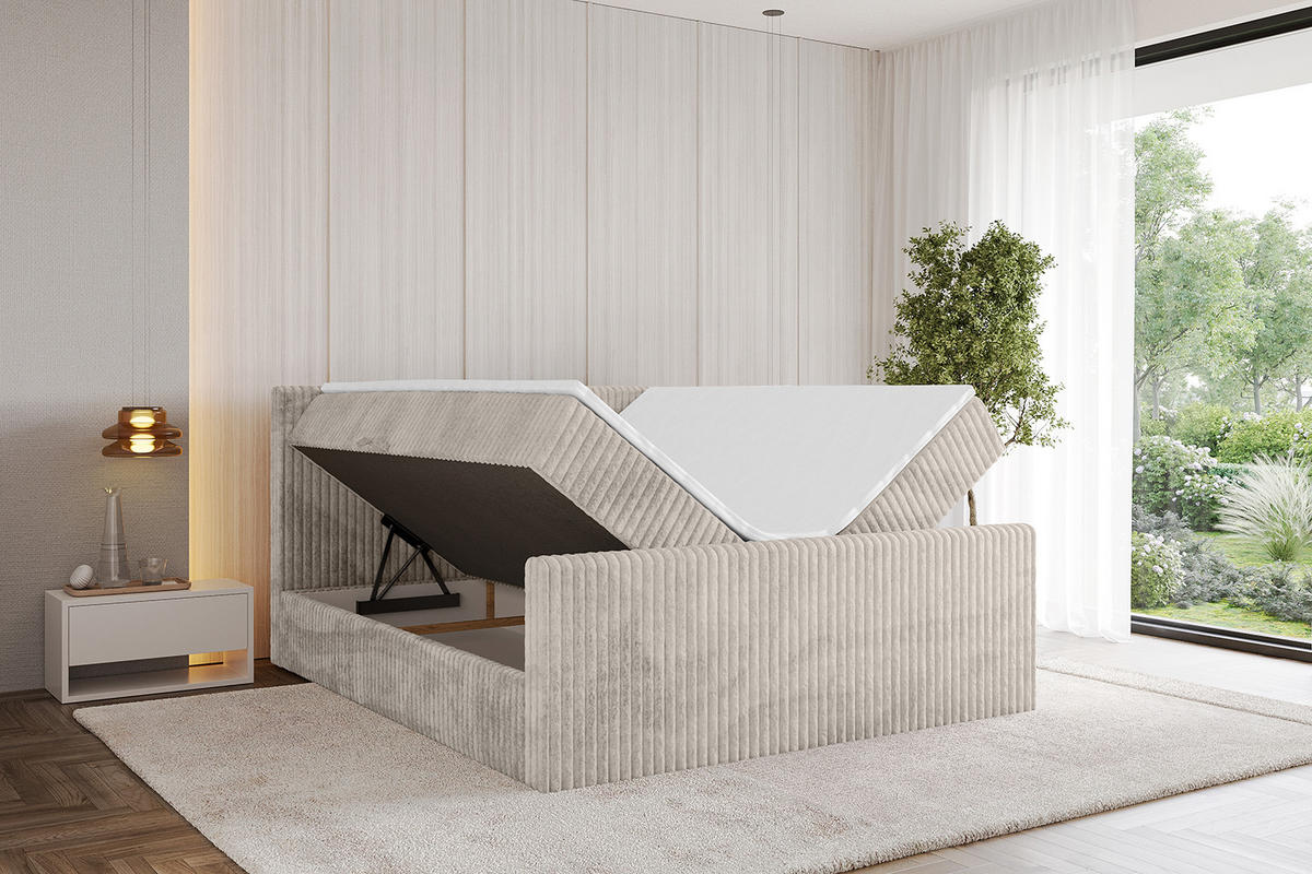 BOXBETT mit Matratze H3 und Lattenrost - TOLO-Z - 120x200 Cord - Creme - Creme, Holzwerkstoff (120/200cm) - ALTDECOR