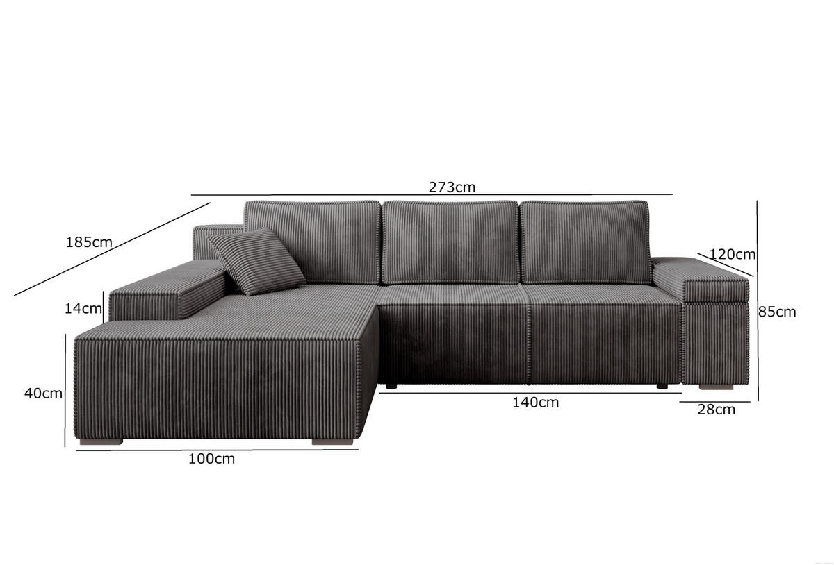 ECKSOFA Milo mit Schlaffunktion und Bettkasten, Couch L-Form, Cord-Stoff, 273x85x185 cm, Dunkelgrau - Dunkelgrau, Holz (185/273cm) - PROMETO Möbel