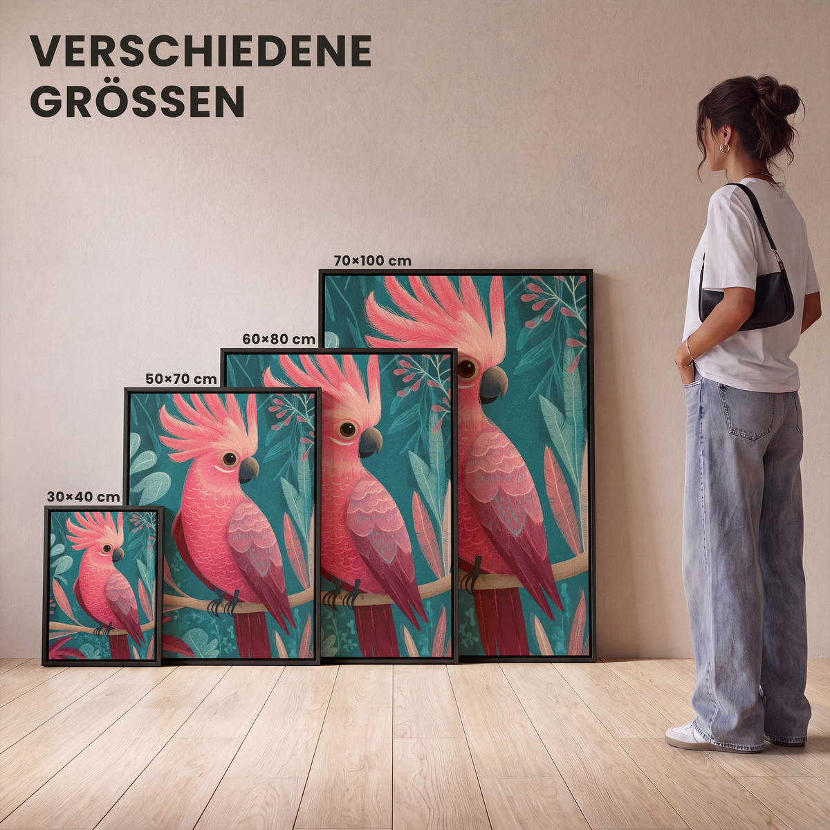 LEINWAND Bilder mit Rahmen - Kakadu - Tropische Blätter - Zweig - 30x40 - Petrol, Textil (30/40cm) - MuchoWow