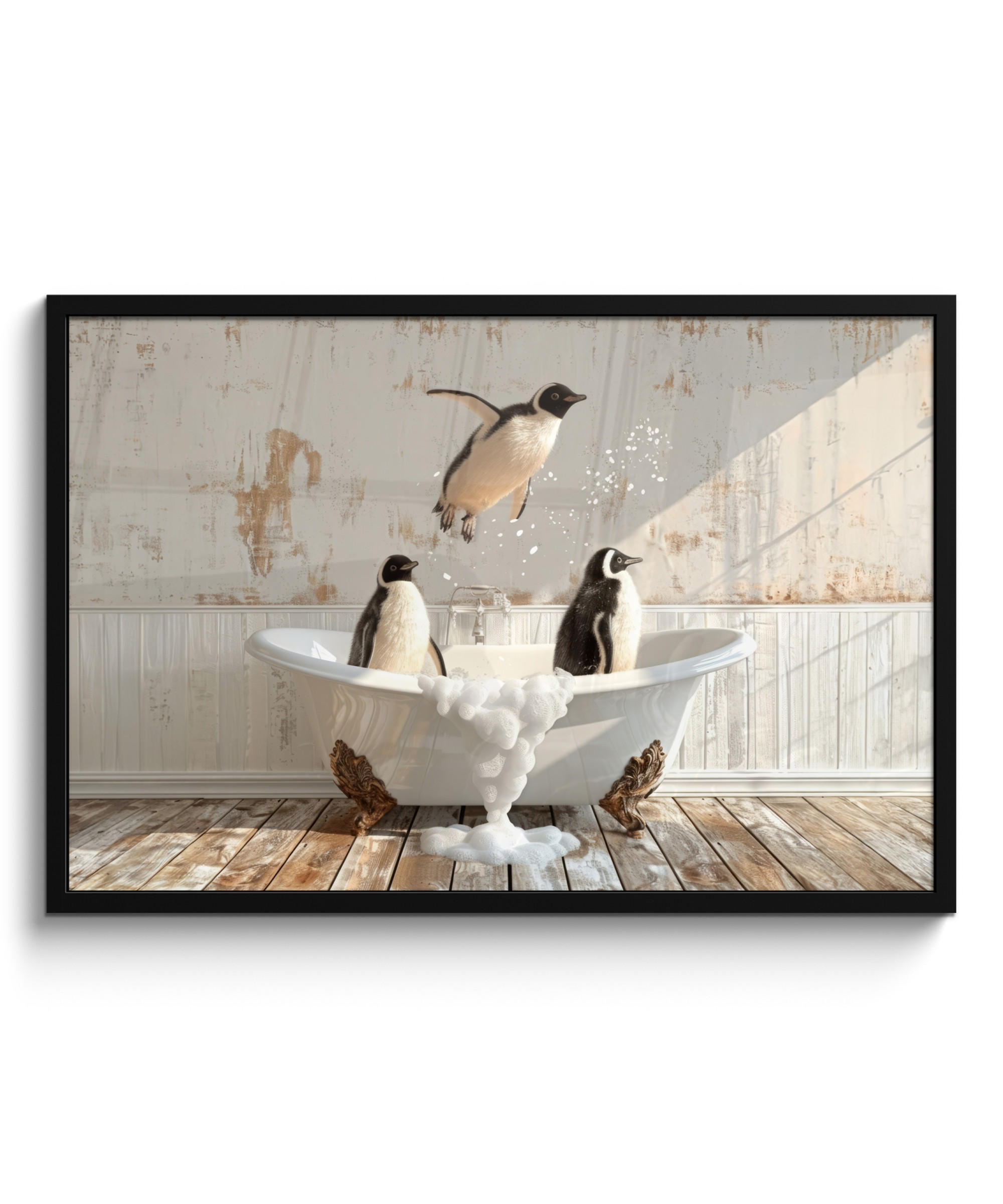 POSTER MIT RAHMENGERAHMTES BILD Vintage - Pinguin - Badewanne - Schaumstoff 90x60 cm - Schwarz, Papier (90/60cm) - MuchoWow