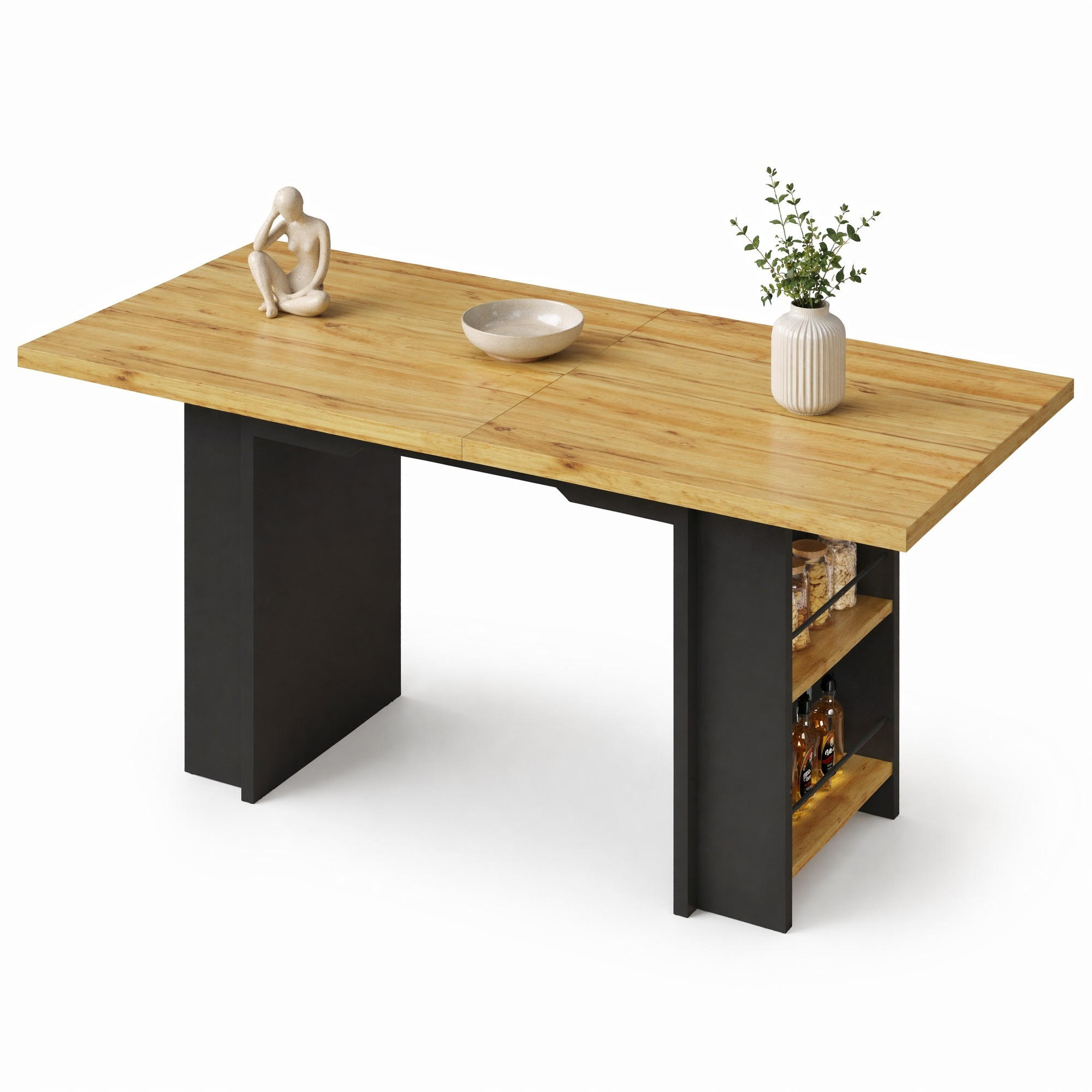 ESSTISCH in Naturfarbe und Schwarz ausziehbarer Esszimmertisch mit Regalen für Küche und Esszimmer, L120-160/B80/H75 cm - Schwarz/Naturfarben, Holzwerkstoff/Metall (80/160/75cm) - STILVORA