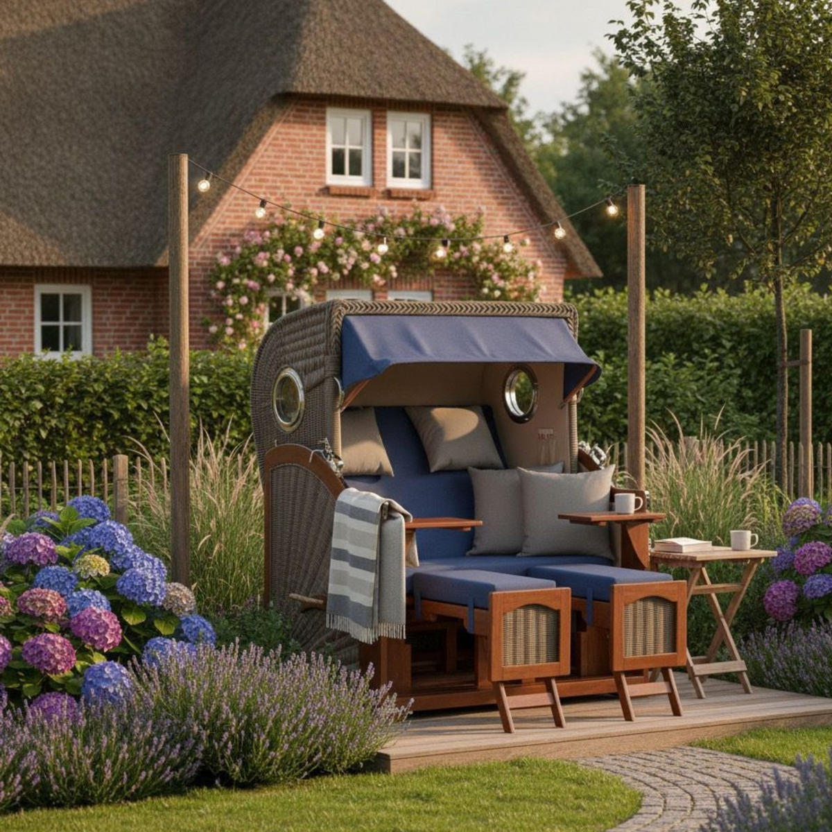 STRANDKORB 2-Sitzer Düne Mahagoni - Blau/Braun, Holz/Metall (125/170/80cm) - Mr. Deko