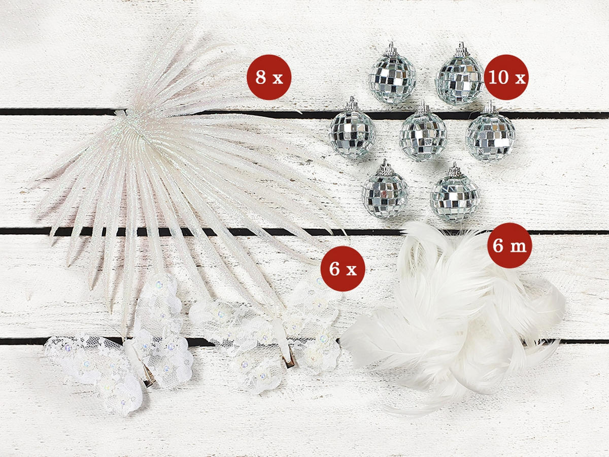 LAALU CHRISTBAUMKUGEL-SET 25 Stück in Box GLITZER SCHMETTERLING für Weihnachtsbäume bis 100 cm - Silberfarben/Weiß, Kunststoff/Metall (20/12/30cm) - LAALU
