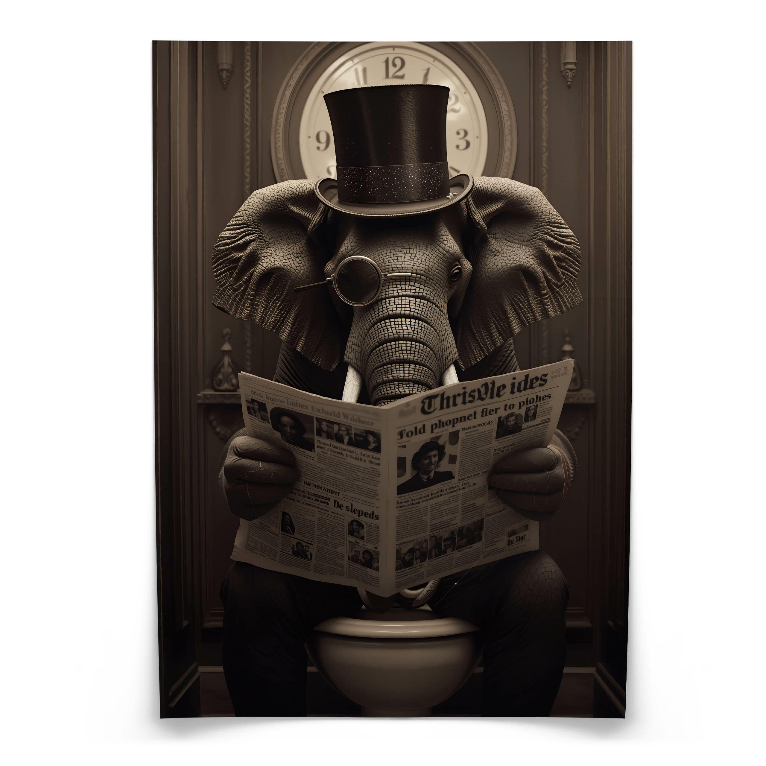 POSTER für WC Badezimmer ELEFANT in Toilette Retro Zeitung Abstraktion 30x40cm - Beige/Schwarz, Papier (30/40/40cm) - Muralo