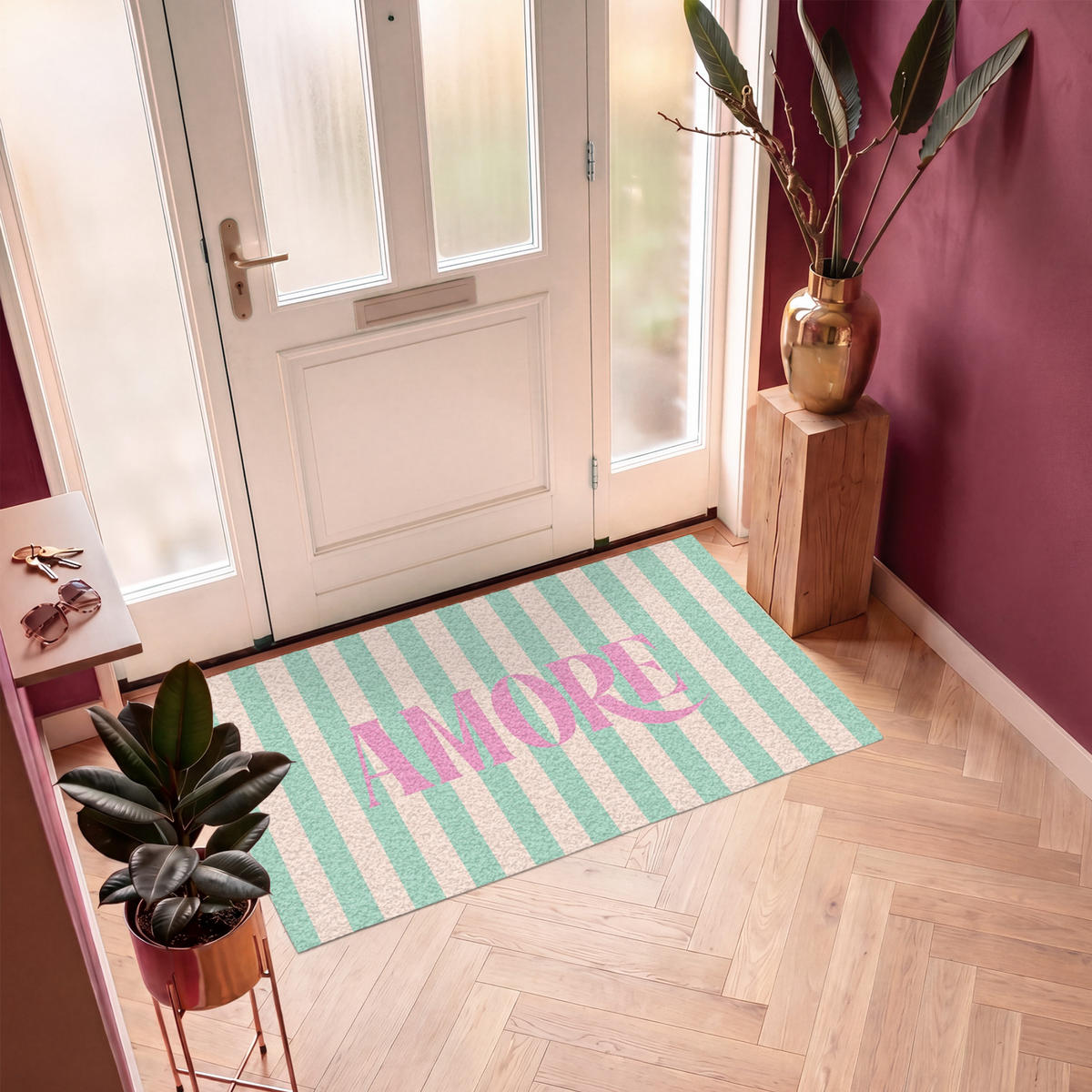 FUSSMATTE Rosa – Grün – Streifen – Amore 150x90 cm - Mintgrün, Kunststoff (150/0.4cm) - MuchoWow