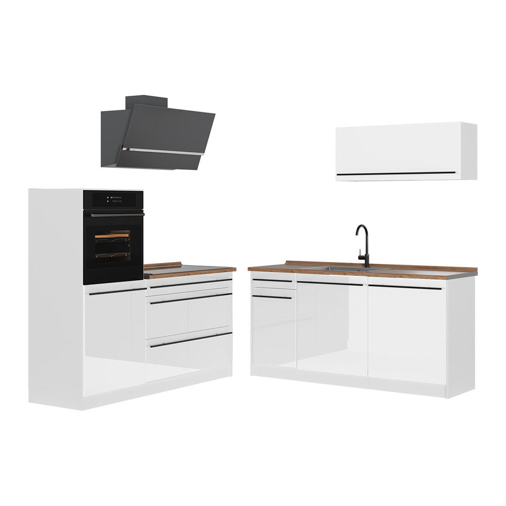 KÜCHENZEILE R-Line, Weiß Hochglanz/Weiß, 160 cm Arbeitsplatte Goldkraft Eiche - Weiß Hochglanz/Weiß, Holzwerkstoff (160/143/60cm) - Vicco