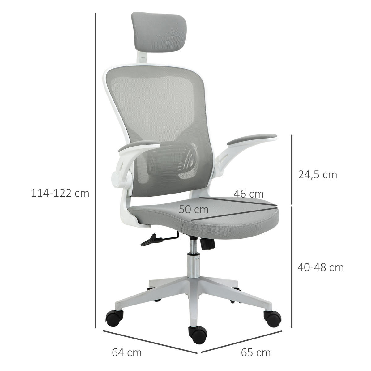 BÜROSTUHL ergonomischer Shreibtischstuhl mit Wippfunktion Kopfstütze Grau - Grau, Textil (64/122/65cm) - Vinsetto