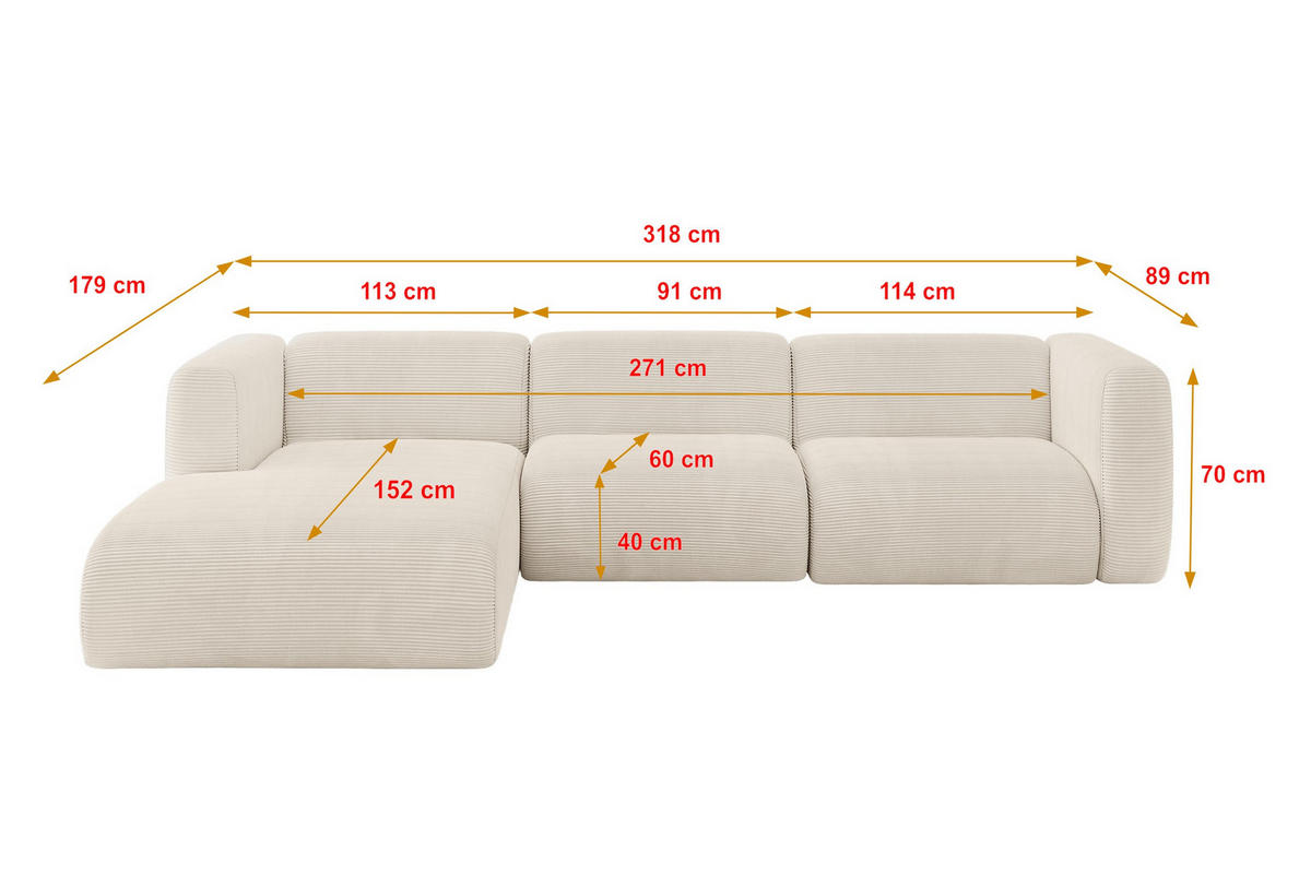 ECKSOFA Ottomane Links MIRA-L2 318x179x89 Beige Cord - Sandfarben/Beige, Holzwerkstoff/Kunststoff (318/179cm) - ALTDECOR