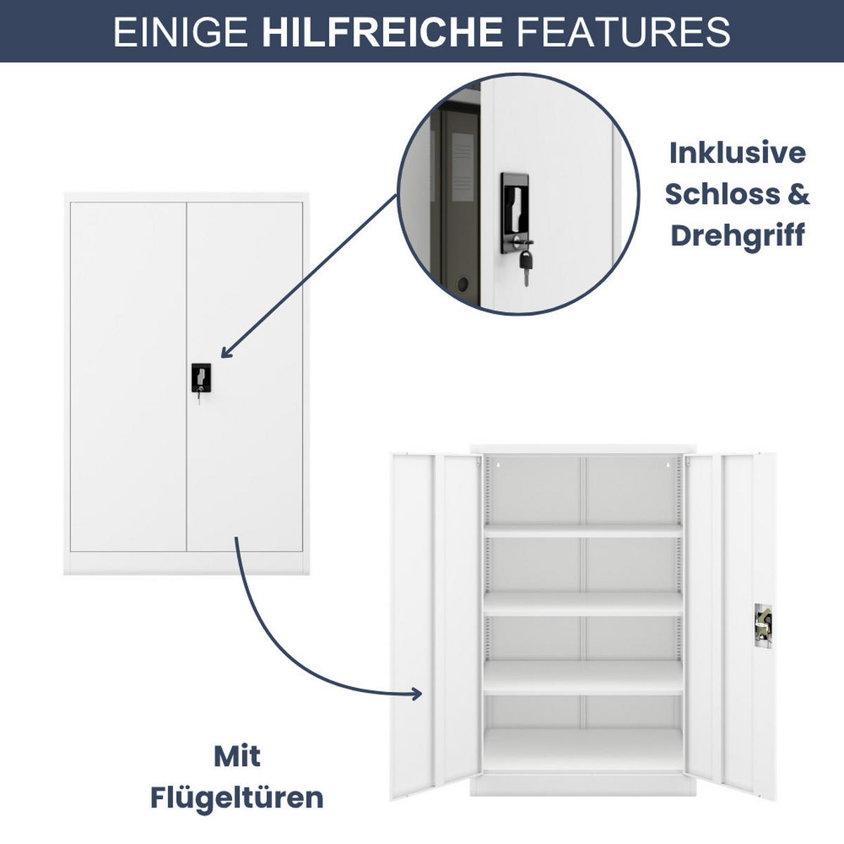 AKTENSCHRANK abschließbar KADO Flügeltüren 140x90x60cm Weiß - Weiß, Metall (90/140/60cm) - DELUKE