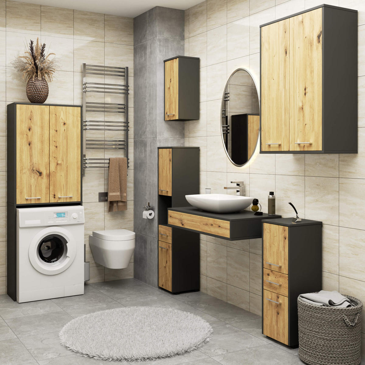 HÄNGESCHRANK Grau, Eiche Artisan 64x94x30 cm - Silberfarben/Eiche Artisan, Holzwerkstoff/Kunststoff (64/94/30cm) - Akord