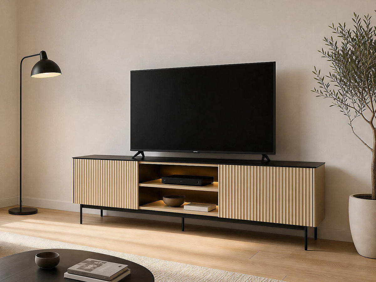 TV-BOARD - 180 cm x 39 cm - glas - schwarz, naturfarben hell Sayera - Schwarz/Naturfarben, Glas/Holz (180/57/39cm) - Vente-Unique