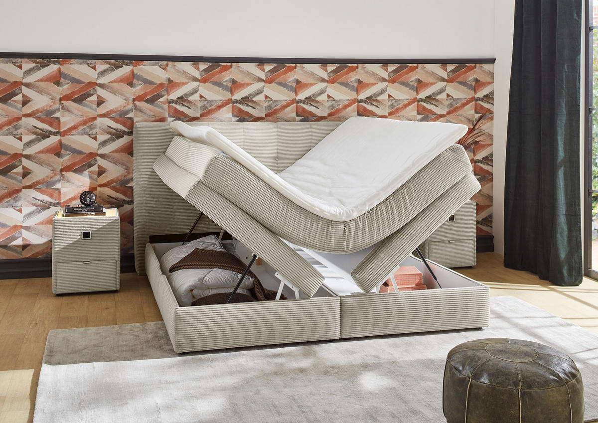 BOXSPRINGBETT 180x200 cm, 7-Zonen-Tonnentaschen-Federkernmatratzen H3, Topper, Bonell-Federkern, 2 Bettkästen, Cord Beige Grau / 20039 - Greige/Beige, Kunststoff/Textil (180/200cm) - luma-home