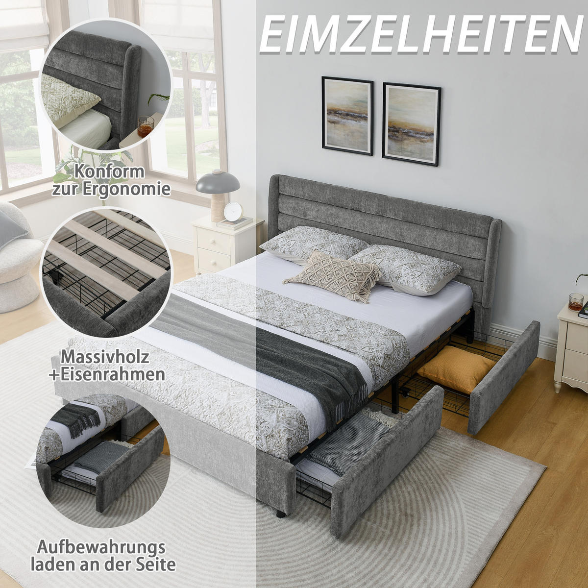 POLSTERBETT 160x200 cm Chenille Schubladen grau - Dunkelgrau, Kunststoff (160/200cm) - LEBENLANG