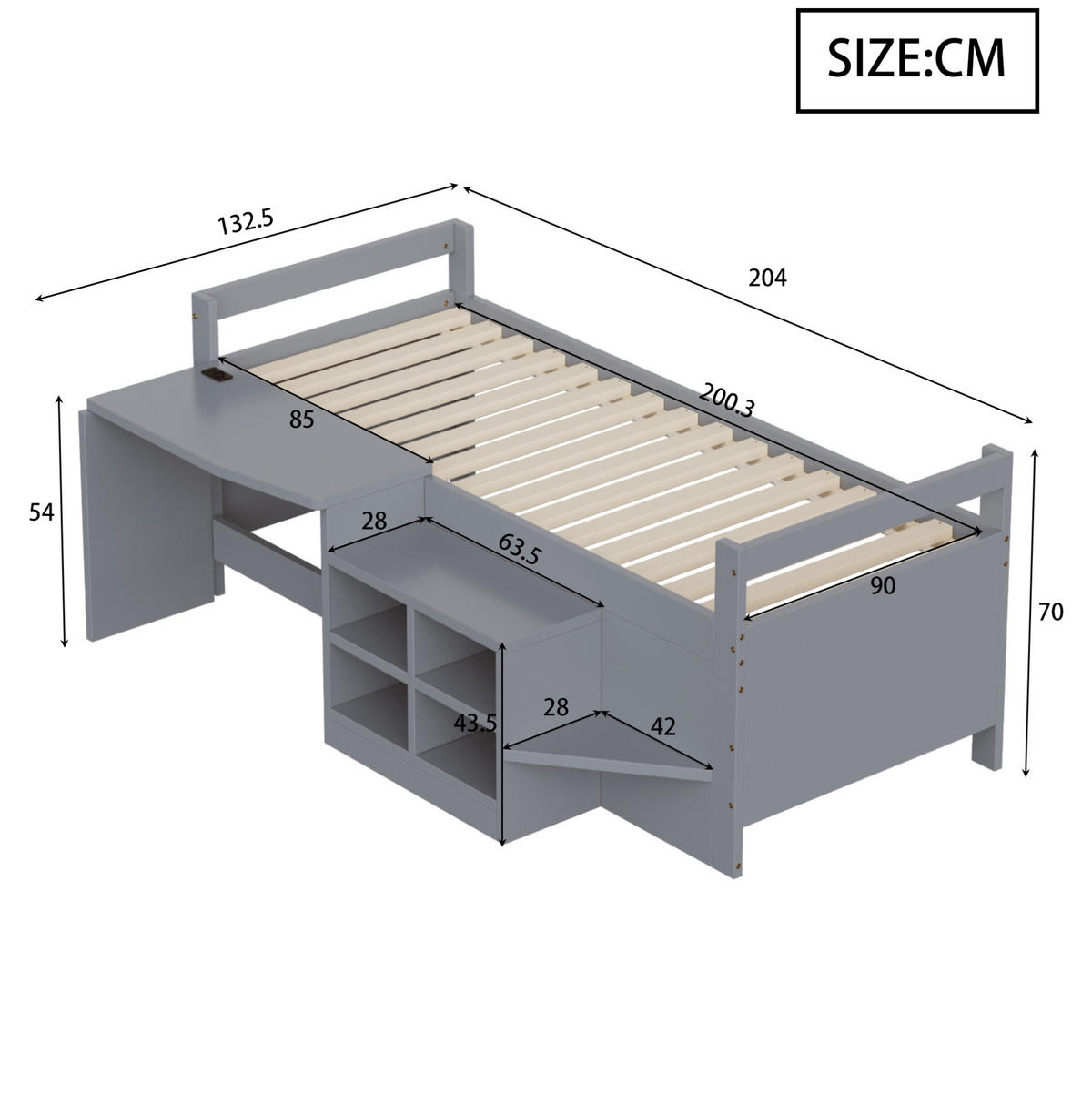 KINDERBETT 90/200 cm aus Kiefernholz und Holzwerkstoff mit Schreibtisch und Stauraum Grau - Grau, Holz (90/200cm) - Modenvie