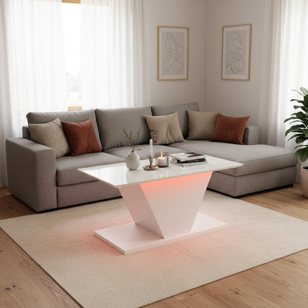 COUCHTISCH Weiß Hochglanz mit LED & V-Form Design - Weiß, Holzwerkstoff (50/100/46cm) - Urban Meuble