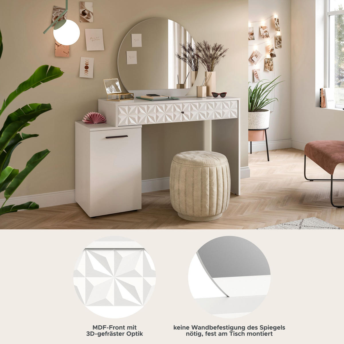 SCHMINKTISCH Prisma Schminktisch in weiß Melamin und weiß hochglanz B/H/T: 117x137x42 cm - Weiß, Holzwerkstoff (117/138/42cm)