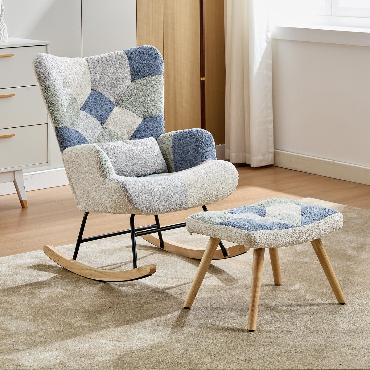 SCHAUKELESESSEL mit Hocker Stoff Patchwork gepolstert 110kg - Multicolor, Textil (122/91/68cm) - FLIEKS